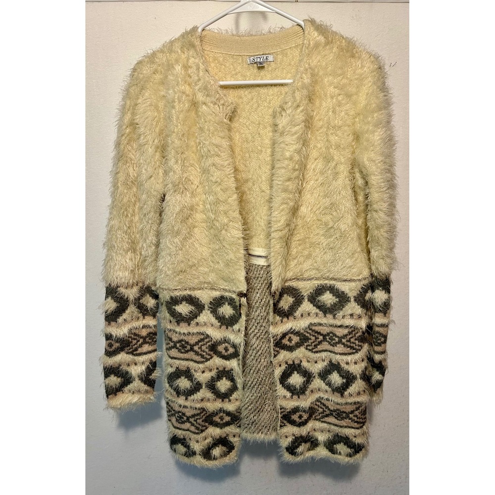 Style Women Cream Eyelash Fuzzy Southwestern Geometric Open Cardigan Sweater L